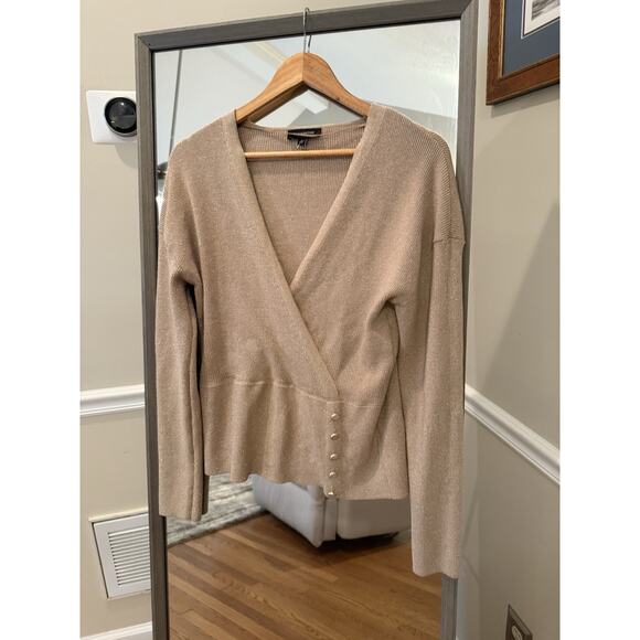 Calligraphie Gold Shimmer Wrap Sweater Metallic Knit Top Large - Picture 2 of 7